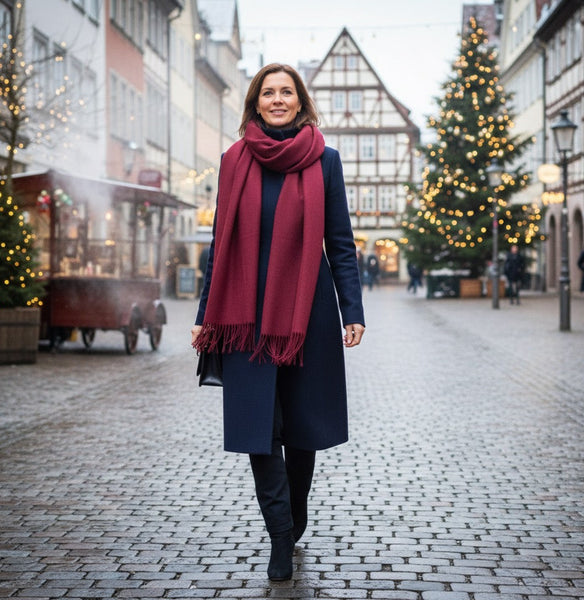 Maxi Schal aus 100% Baby-Alpaka mit Fransen - Bordeauxrot
